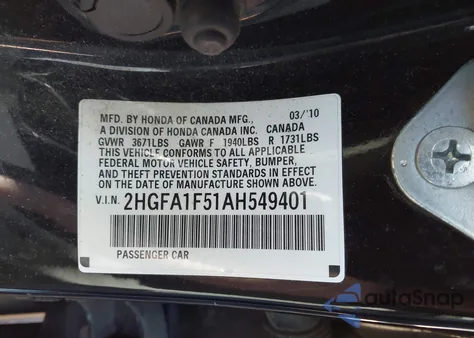 2010 Honda Civic Lx z USA, uszkodzony, nr VIN 2HGFA1F51AH549401